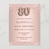 80e verjaardag roos gouden glitter roze uitnodigin briefkaart (Voorkant)