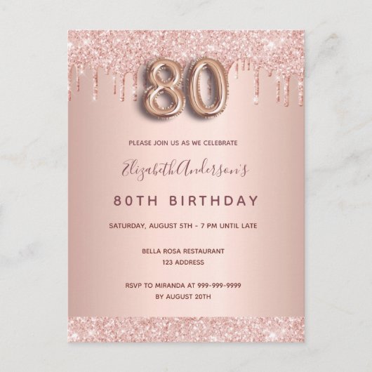 80e verjaardag roos gouden glitter roze uitnodigin briefkaart (Voorkant)