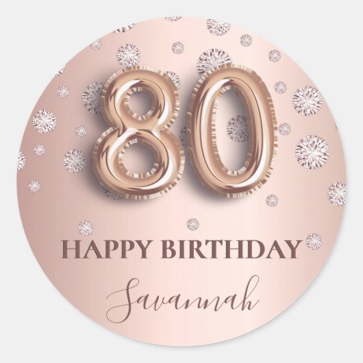80e verjaardag roos gouden roze diamanten ballonle ronde sticker (Voorkant)