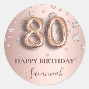 80e verjaardag roos gouden roze diamanten ballonle ronde sticker