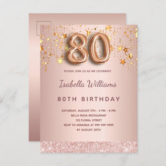 80e verjaardag roos gouden roze sterren ballonschr briefkaart (Voorkant / Achterkant)