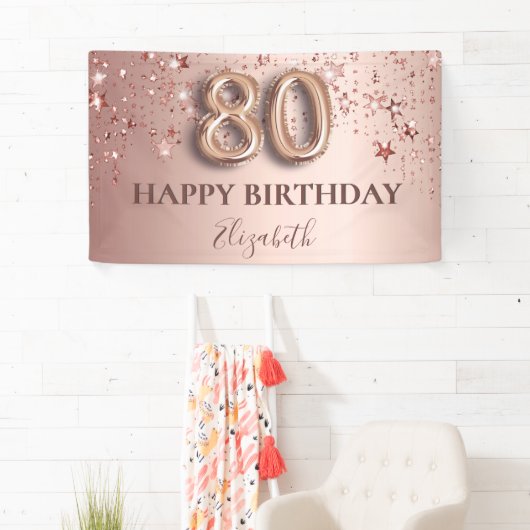 80e verjaardag roos gouden roze sterren ballonschr spandoek (Insitu)