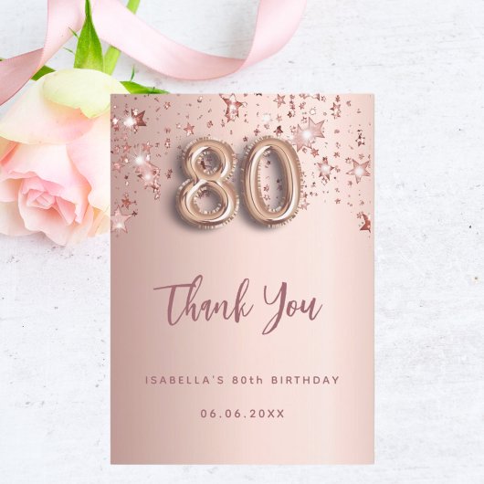 80e verjaardag roos gouden roze sterren bedankkaart