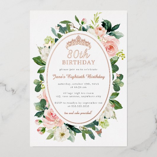 80e Verjaardag Roos Gouden Roze Vlinder Bloemen Folie Uitnodiging (Voorkant)