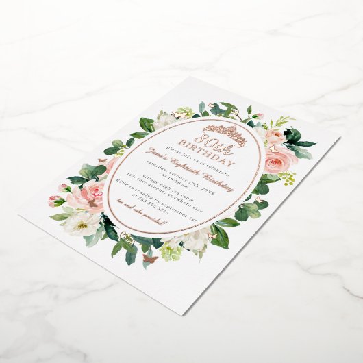 80e Verjaardag Roos Gouden Roze Vlinder Bloemen Folie Uitnodiging (Gedraaid)