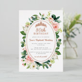 80e Verjaardag Roos Gouden Roze Vlinder Bloemen Folie Uitnodiging (Staand Voorkant)