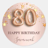 80e verjaardag roos gouden sterren roze ballonlett ronde sticker (Voorkant)