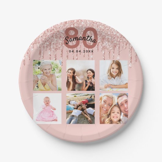 80e verjaardag roos gouden zwarte glitterdruppels papieren bordje (Voorkant)