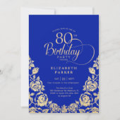 80e verjaardag Royal Blue Gold Rozen Kaart (Voorkant)