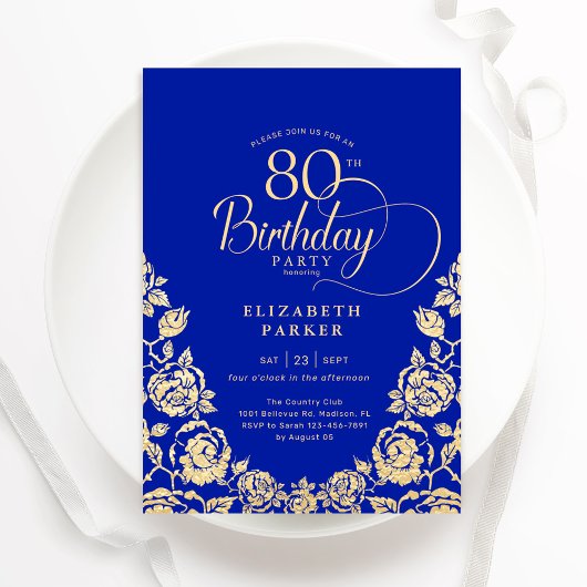 80e verjaardag Royal Blue Gold Rozen Kaart