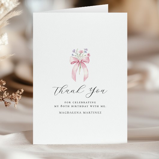 80e Verjaardag Roze Bow Wildflower Gevouwen Bedankkaart