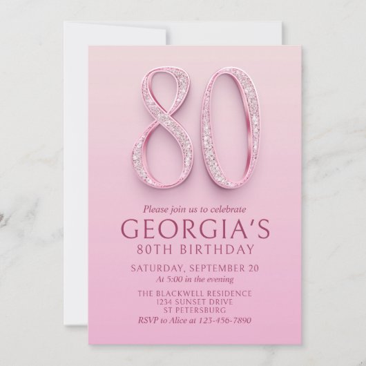 80e verjaardag roze diamanten kaart (Voorkant)