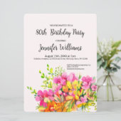 80e verjaardag roze en oranje bloemen kaart (Staand voorkant)