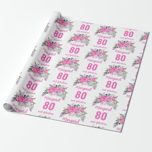 80e verjaardag roze floral cadeaupapier (Uitgerold)