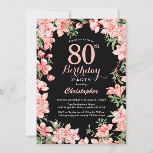 80e verjaardag Roze Floral Flowers Black Achtergro Kaart