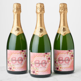 80e verjaardag roze floral naam sparkling wijnetiket