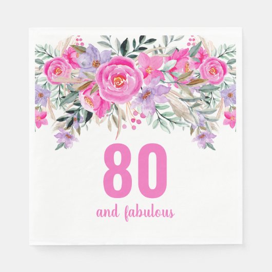 80e verjaardag roze floral party napkins servet (Voorkant)