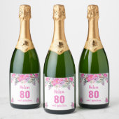 80e verjaardag roze floral sparkling wijnetiket (Flessen)