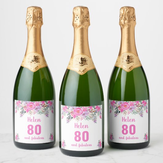 80e verjaardag roze floral sparkling wijnetiket (Flessen)
