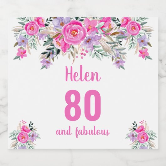 80e verjaardag roze floral sparkling wijnetiket (Enkel label)