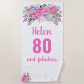 80e verjaardag roze floral strandlaken (Voorkant)