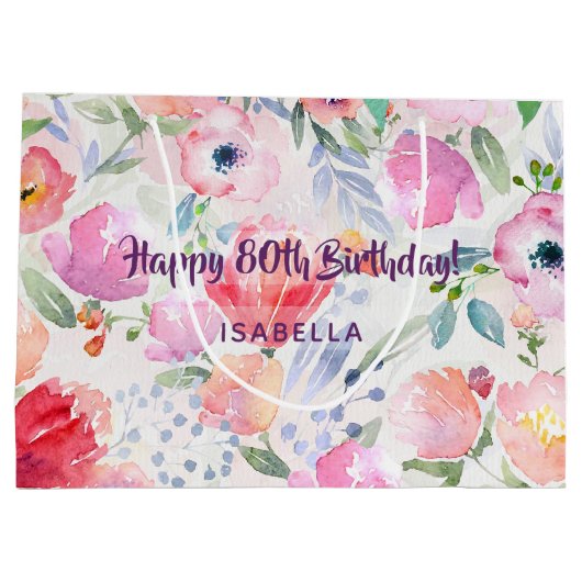 80e verjaardag roze florale monogram patroon groot cadeauzakje (Achterkant)