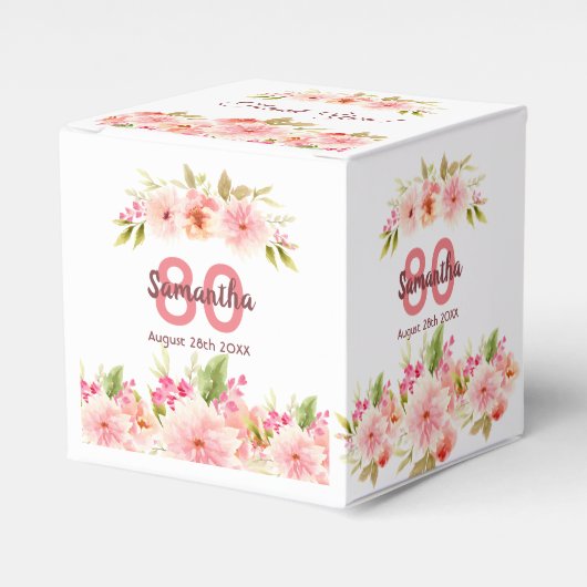 80e verjaardag roze florals wit dank je bedankdoosjes (Voorkant Zijde)