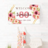 80e verjaardag roze gouden bloemen wit spandoek (Insitu)