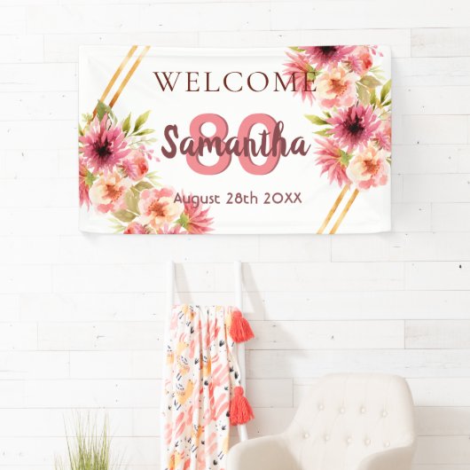 80e verjaardag roze gouden bloemen wit spandoek (Insitu)