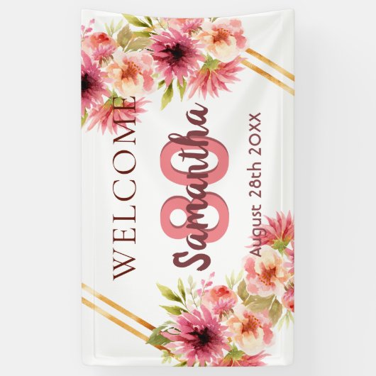 80e verjaardag roze gouden bloemen wit spandoek (Verticaal)