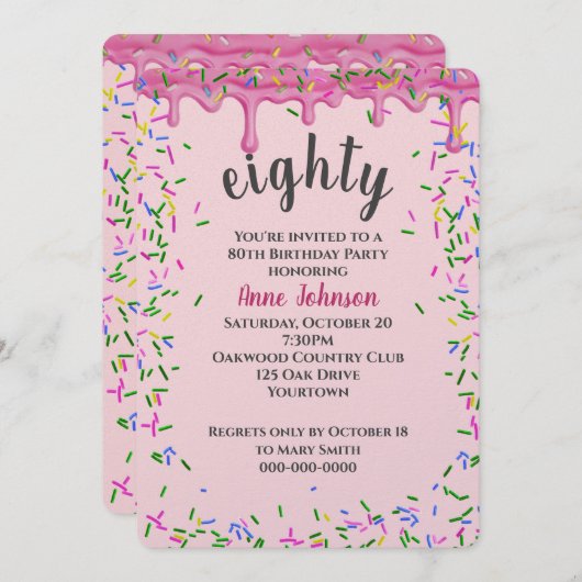 80e verjaardag roze ijsjes en strooisel kaart (Voorkant / Achterkant)