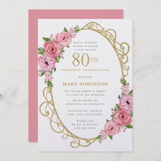80e verjaardag Roze Rose Floral Gold Invitation Kaart (Voorkant / Achterkant)