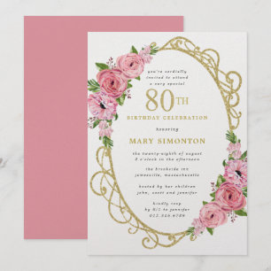 80e verjaardag Roze Rose Floral Gold Invitation Kaart