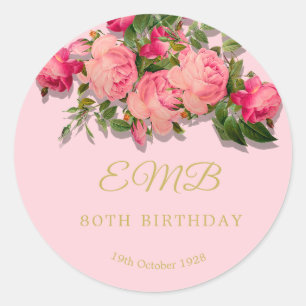 80e verjaardag Roze Roses Floral Achtste Ronde Sticker