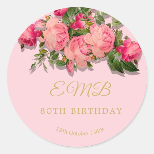80e verjaardag Roze Roses Floral Achtste Ronde Sticker (Voorkant)