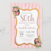 80e verjaardag Roze Stripe Floral Gold Glitter Chi Kaart (Voorkant / Achterkant)