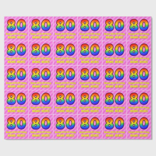 80e verjaardag: roze strips & harten, regenboognr. cadeaupapier (Vlak)
