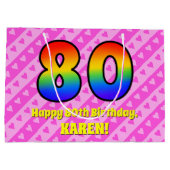 80e verjaardag: roze strips & harten, regenboognr. groot cadeauzakje (Achterkant)