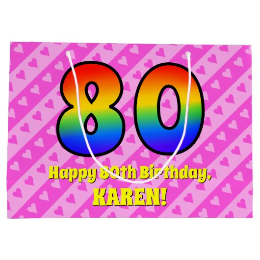 80e verjaardag: roze strips & harten, regenboognr. groot cadeauzakje (Achterkant)