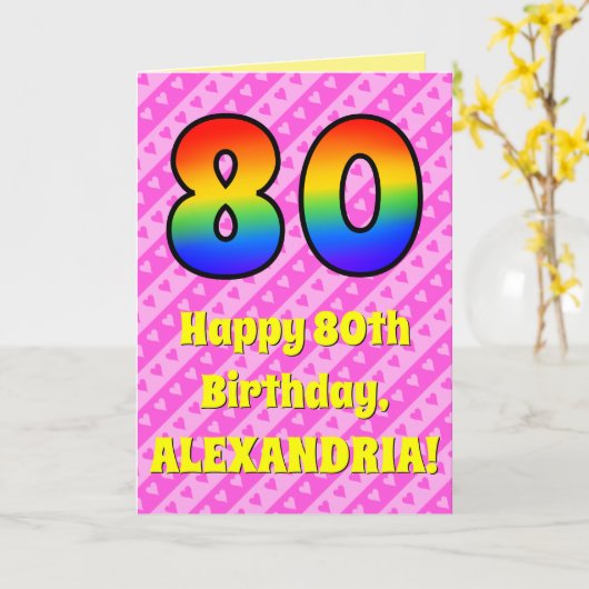 80e verjaardag: Roze strips & harten, regenboognr. Kaart (Gele Bloem)