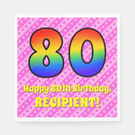 80e verjaardag: roze strips & harten, regenboognr. servet (Voorkant)