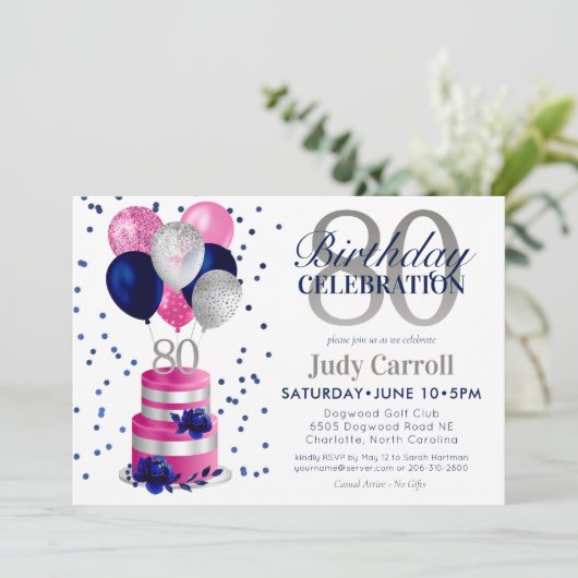 80e verjaardag roze taart uitnodiging (Staand voorkant)
