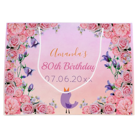 80e verjaardag roze vioolvogel groot cadeauzakje (Voorkant)