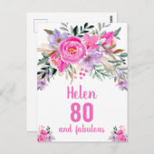 80e verjaardag roze waterverf florale kaart (Voorkant / Achterkant)