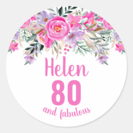 80e verjaardag roze waterverf florale ronde sticker