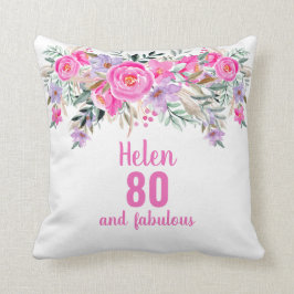 80e verjaardag roze waterverf florale worp kussen