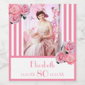 80e verjaardag roze witte strepen florale fotonaam wijn etiket (Enkel label)