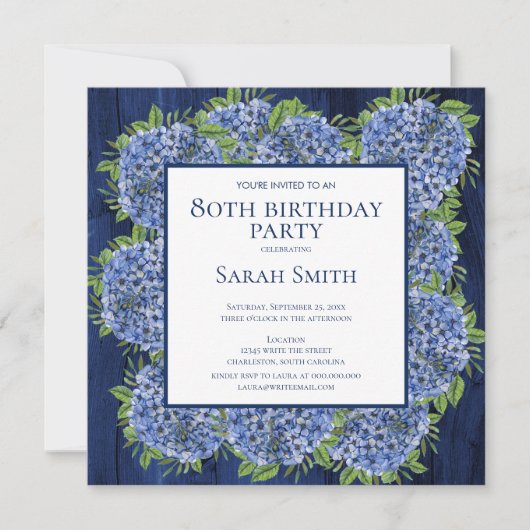 80e verjaardag Rustic Wood Blue Hydrangeas Party Kaart (Voorkant)
