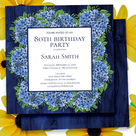 80e verjaardag Rustic Wood Blue Hydrangeas Party Kaart