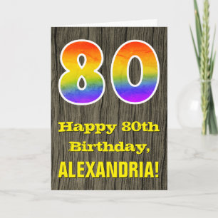 80e verjaardag: rustieke Faux Wood Look, Rainbow " Kaart